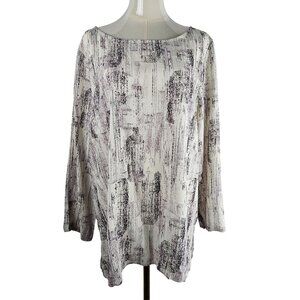 Eileen Fisher Size XL Abstract Long Sleeve Tunic Top Ivory Purple Black Comfy